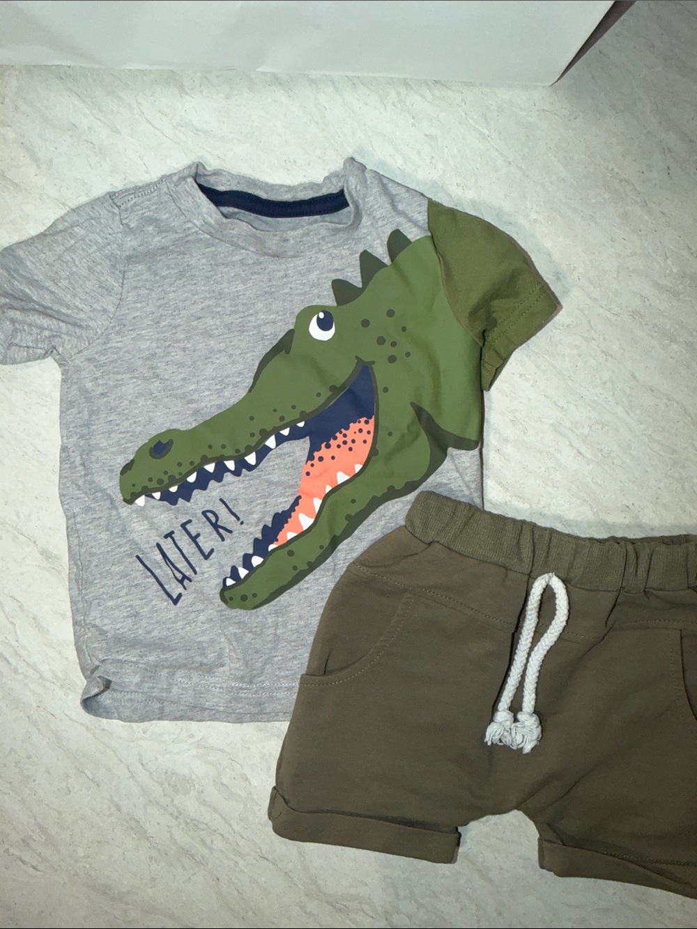 Kids Olive Cotton Blend Shorts and Shirt Set, 12/18 Months
